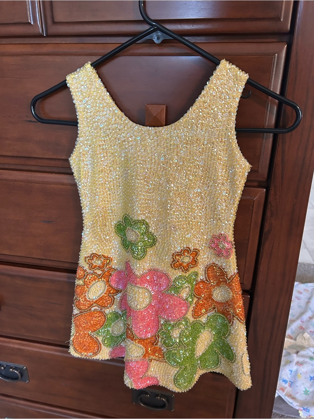 Sequin Floral Tank Girl Dress Yellow with Multicolor Flowers